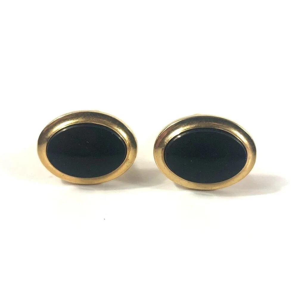 Vintage Oval Gold Tone Cufflinks Black Onyx/Glass Cabochon Classic Tuxedo